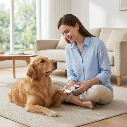 Kvinna klipper klorna på en golden retriever med TryggKlo LED Hundnagelsax